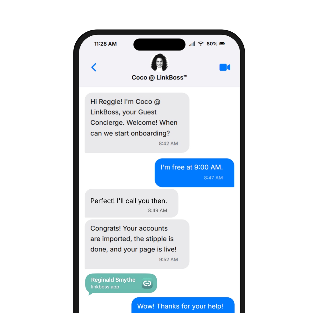 LinkBoss onboarding example - Mobile messages