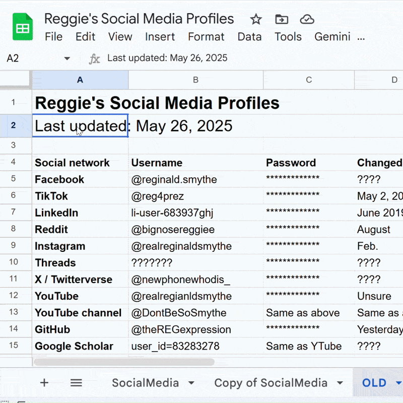 Spreadsheet as suboptimal social account manager - animated GIF